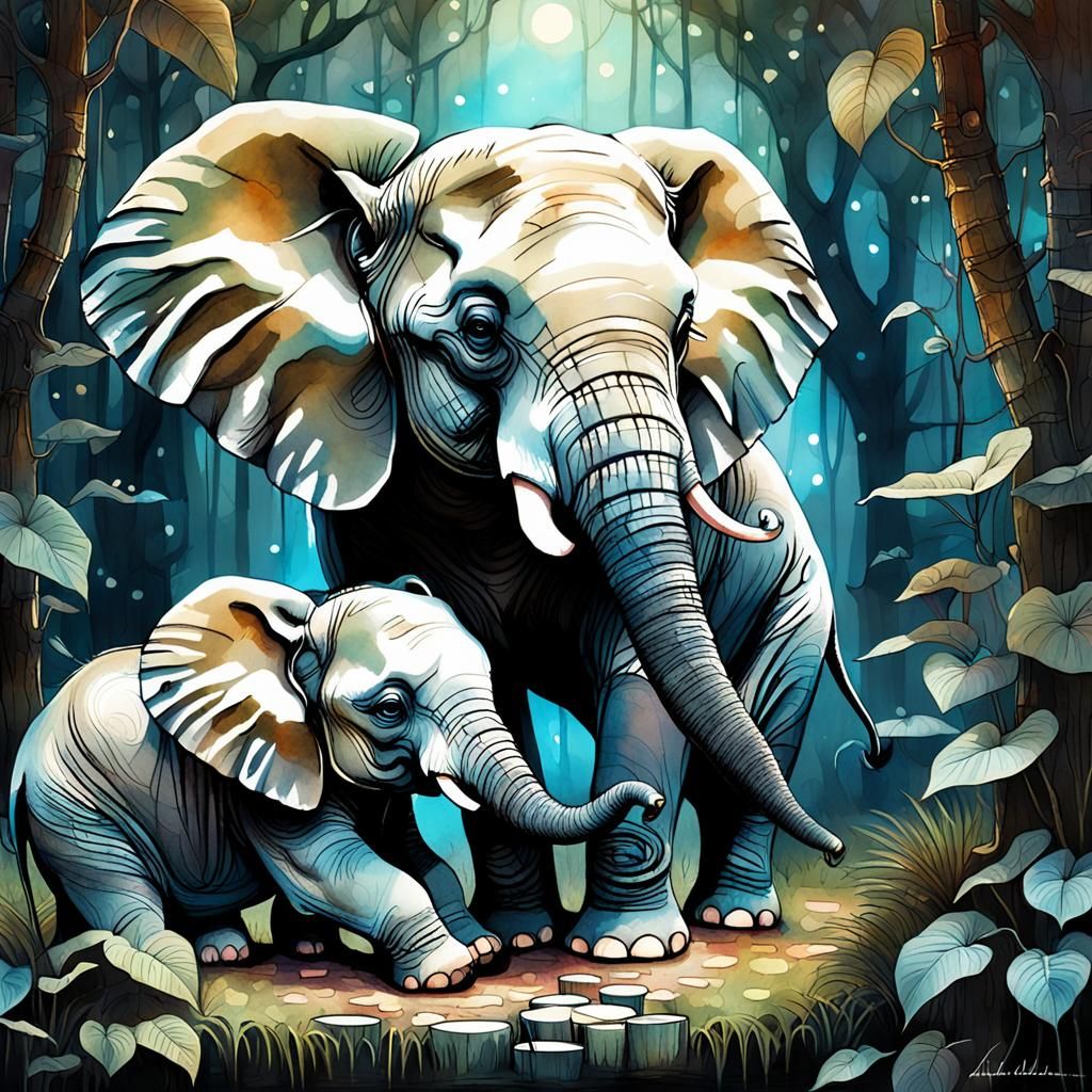 Anthropomorphic Baby Elephants in Jungle Room, Art Brut Styl...