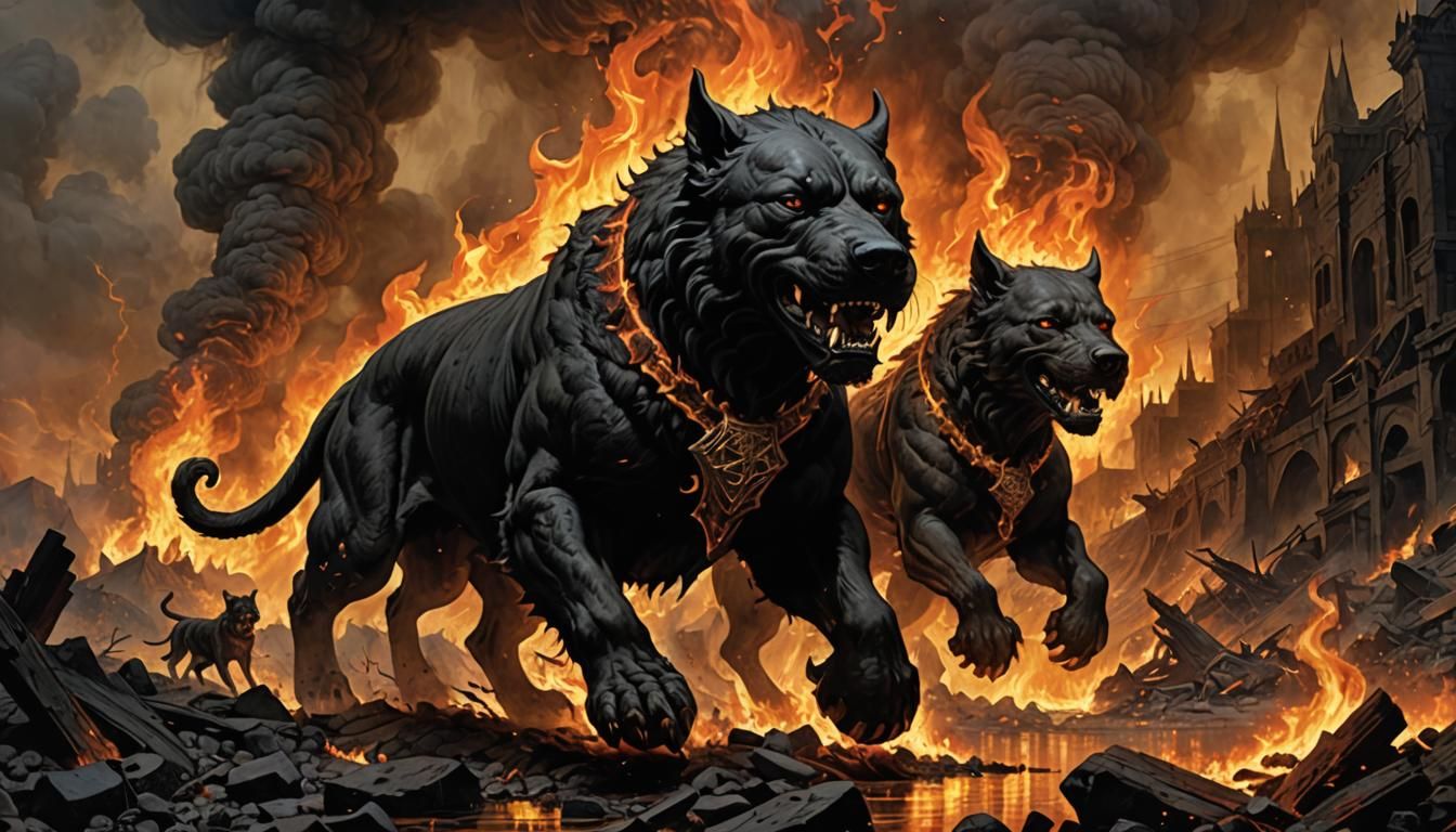 Cerebus in Hell's Fiery Landscape