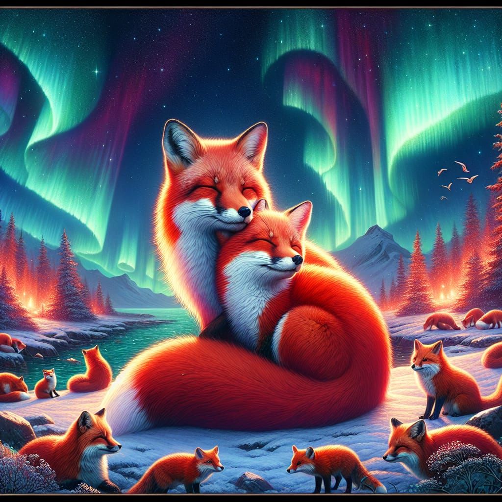 Red Foxes Cuddle Under Northern Lights: Fantasy Art