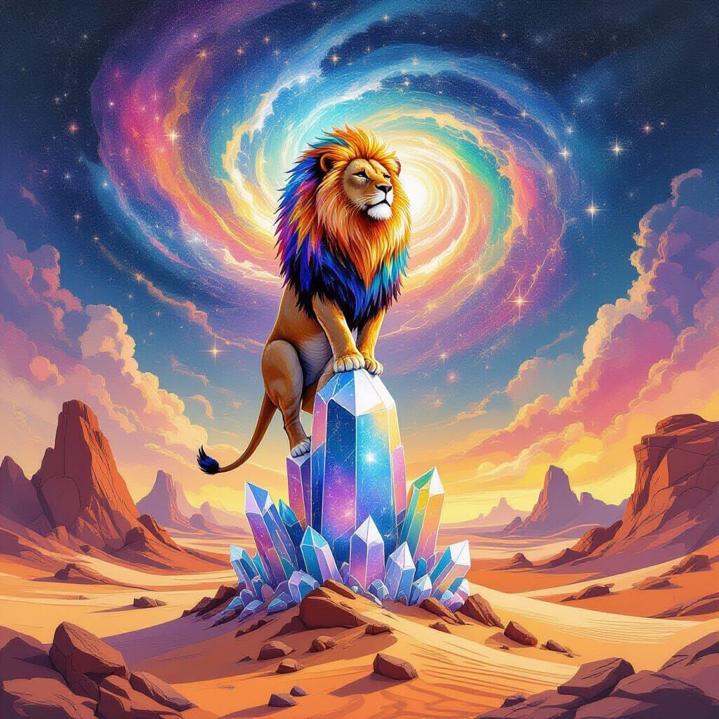 Lion King of Cosmic Desert, Gouache Style
