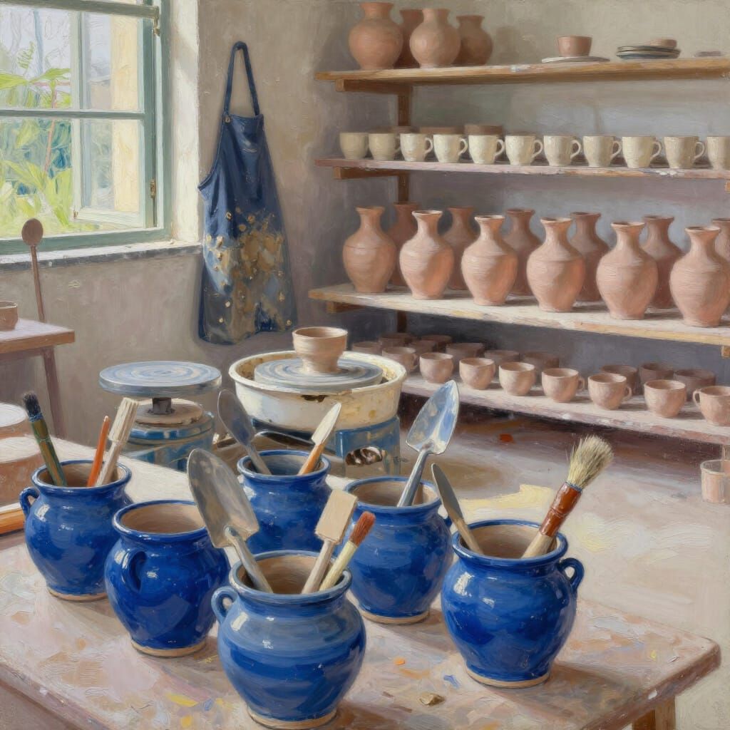 Pottery Studio with Blue Pots and Ochre Vases
