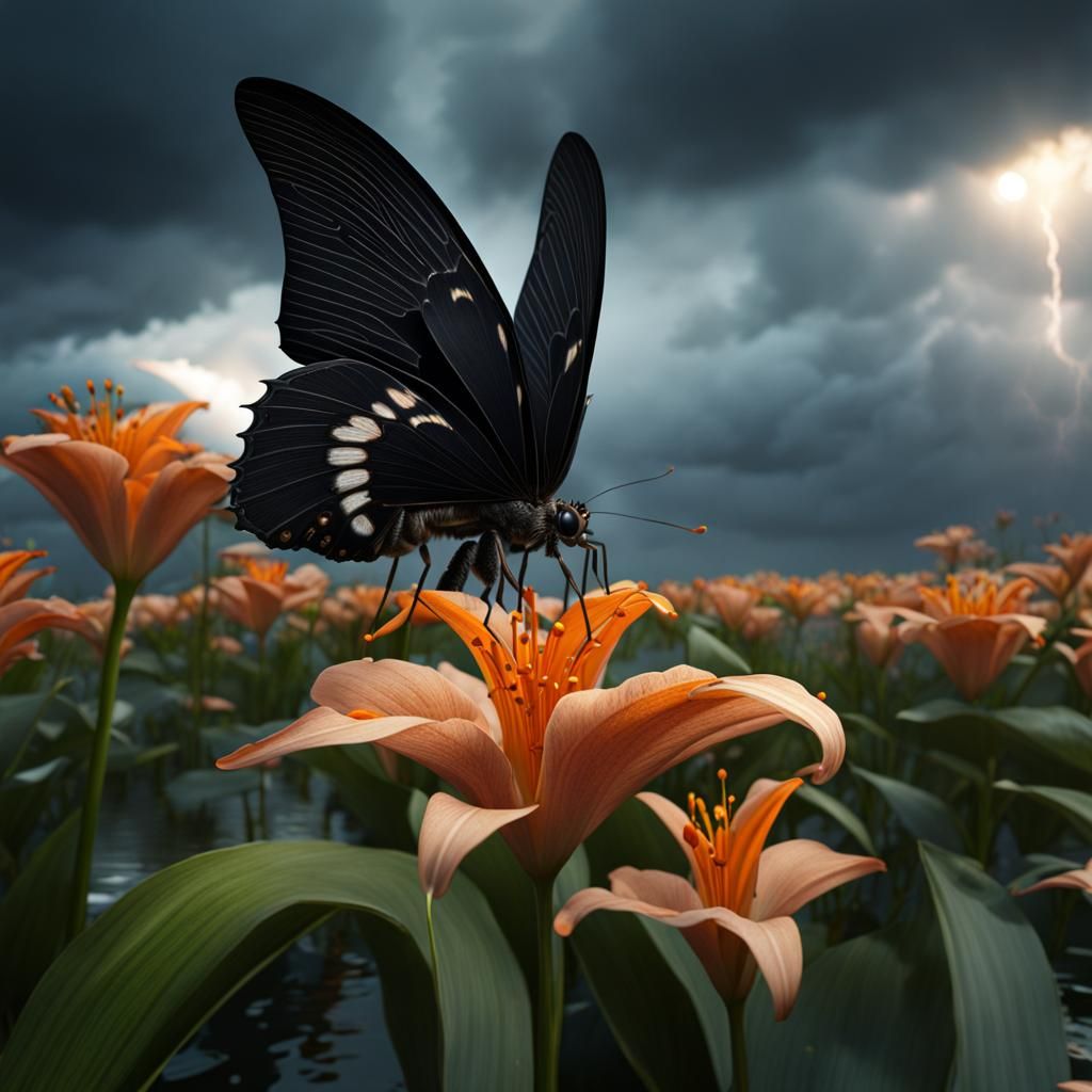 Black Moth on Lily Flower with Stormy Sky
