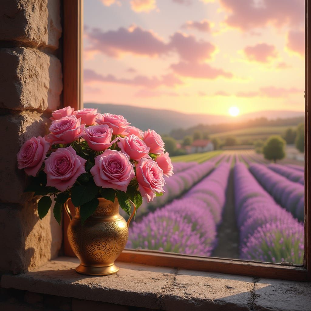 Roses in a Gilded Vase Amidst a Whimsical Sunset
