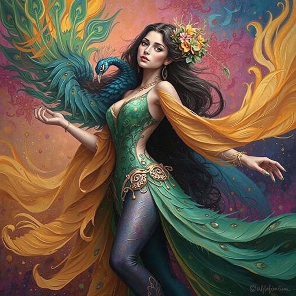 Peacock Woman in Expressionist Fauvist Landscape