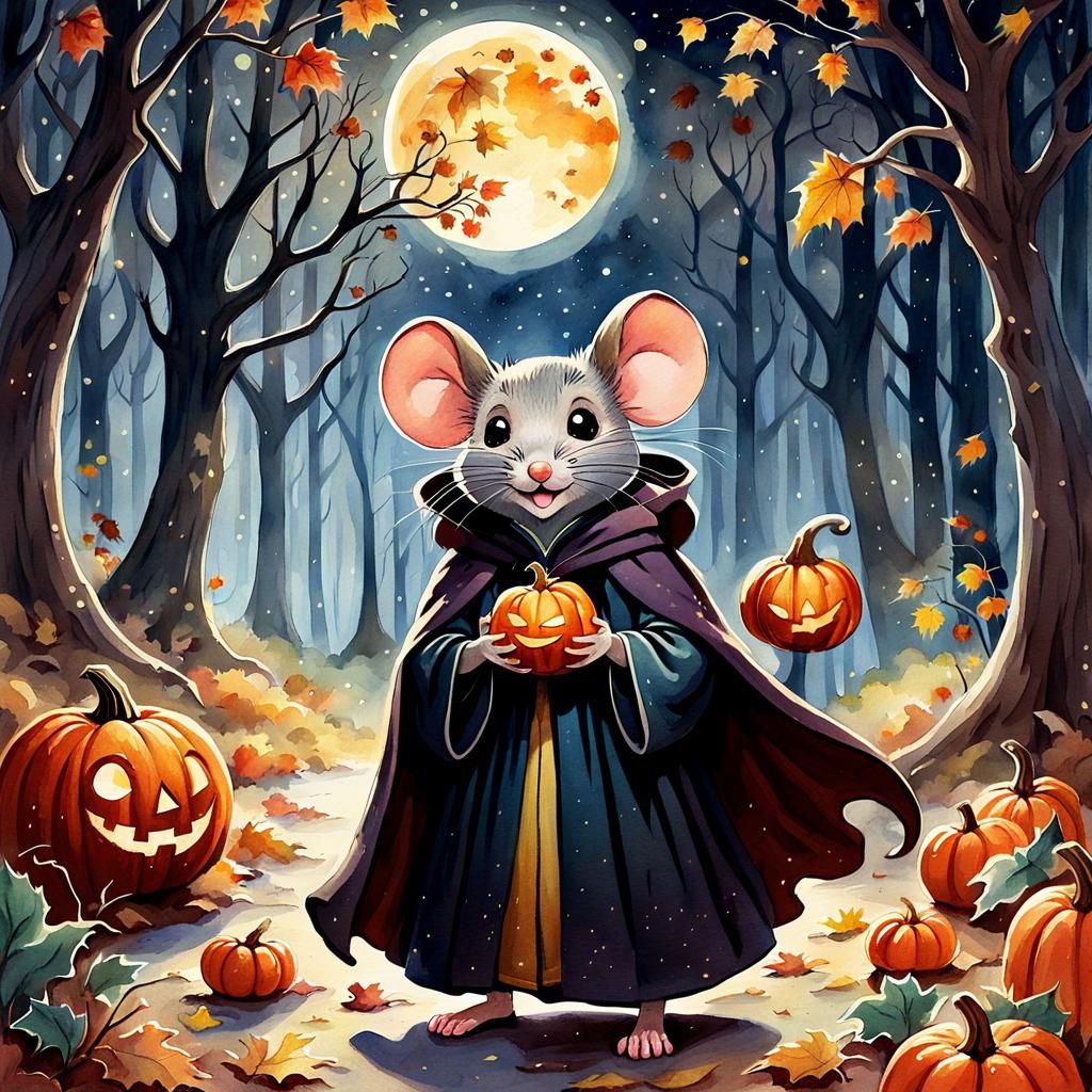 Cute Mouse Witch in Autumn Forest, Watercolor Style