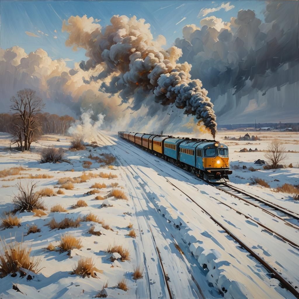 Impressionist Train Speeds Through Snowy Landscape