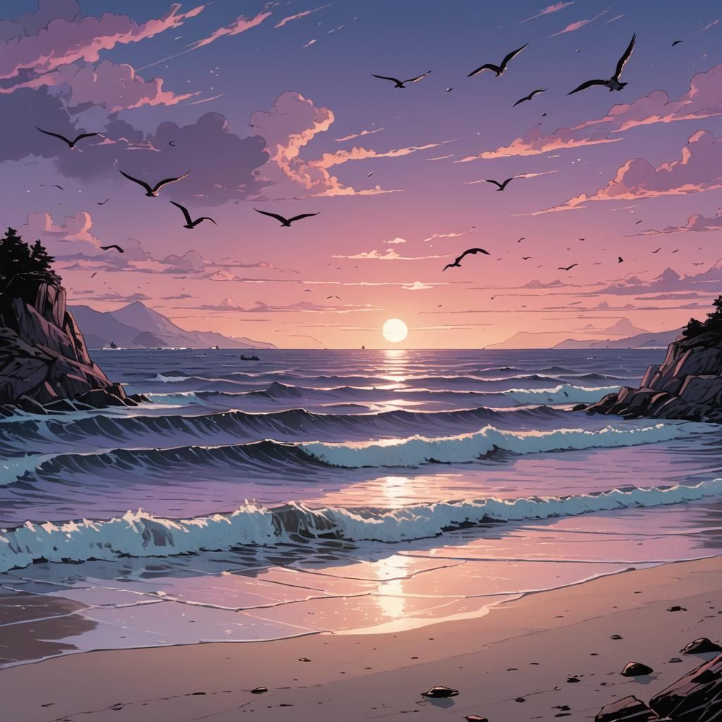 Twilight Sea Illustration in Cel-Shaded Style