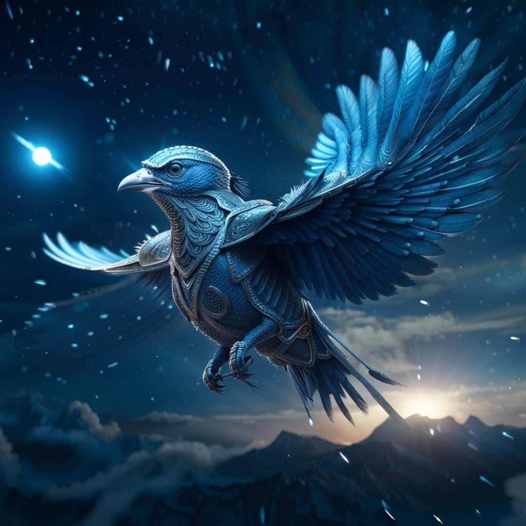 Blue Bird Warrior Flying in Night Sky