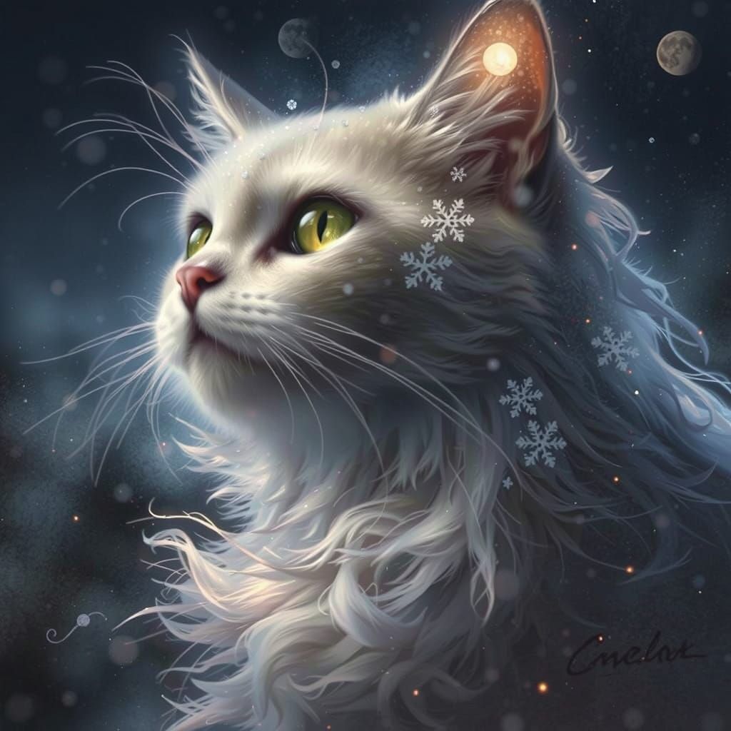 Cat in Winter Moonlight: Dreamy Art Illustration