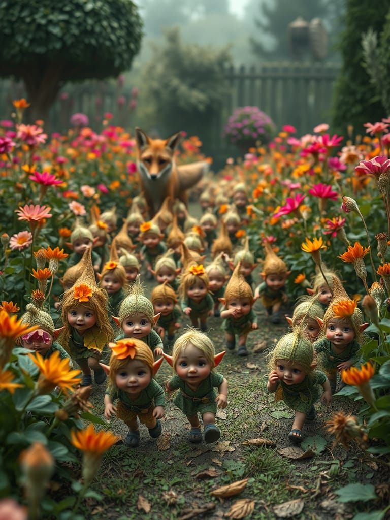 Fox Chases Goblins Through Whimsical Garden