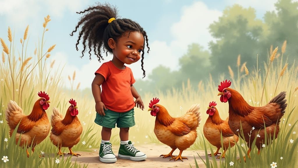 Girl Feeding Chickens in Wet-on-Wet Watercolor Style