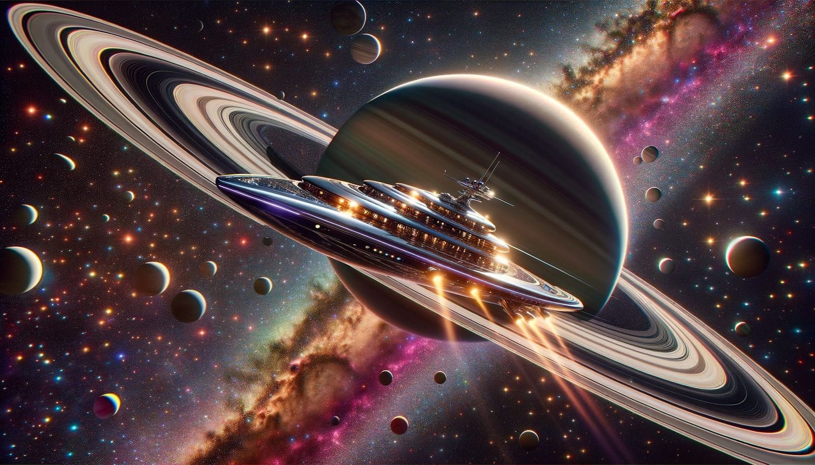 Elegant Space Yacht Glides Over Saturn's Rings