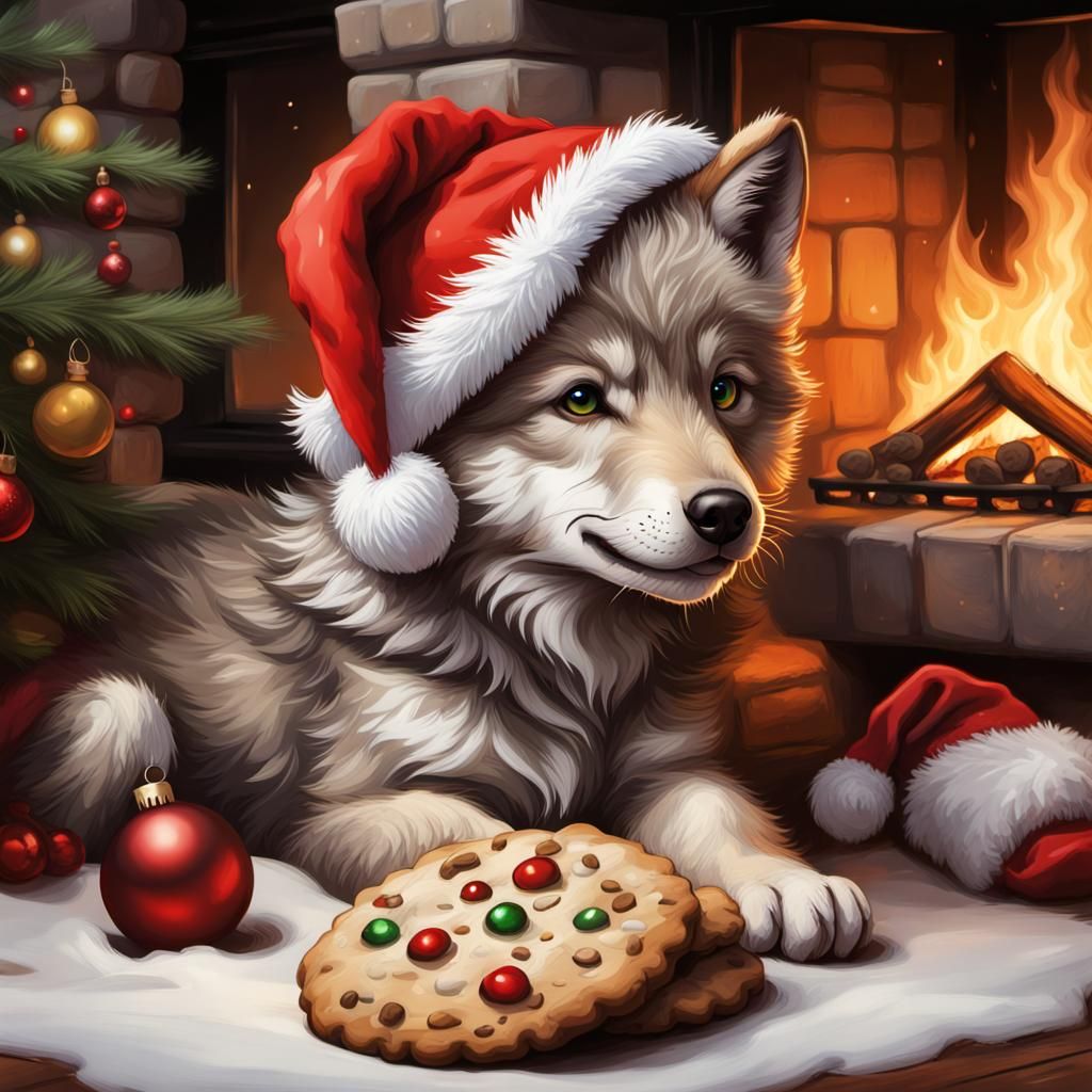 Fluffy Wolf Cub Celebrates Christmas