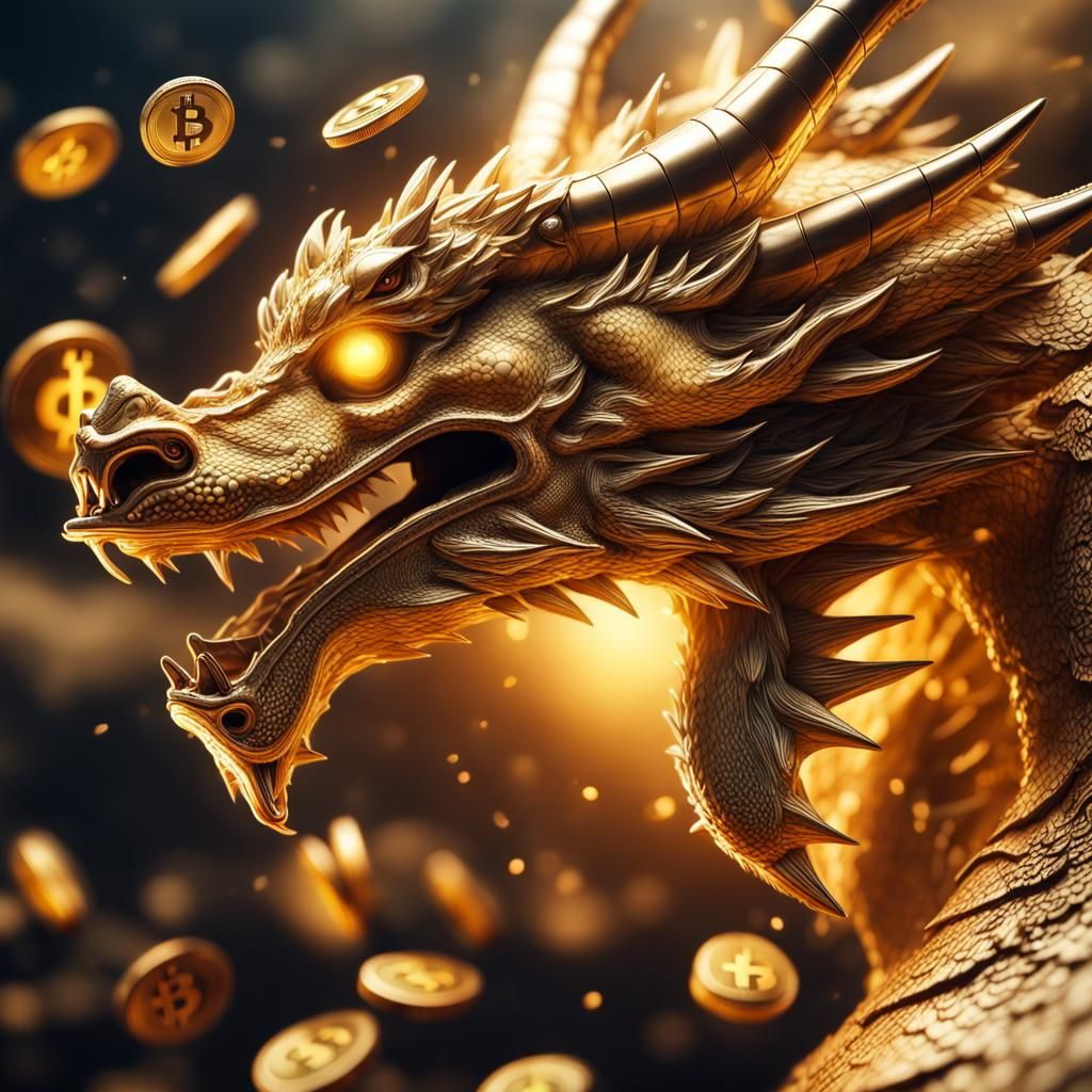 Golden Dragon Dispersing Bitcoin: Hyperrealistic Portrait