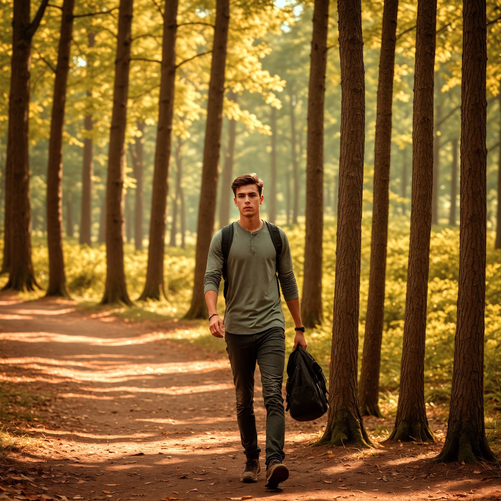Young Man Strolls Through Pineland Park in Hyperrealistic De...