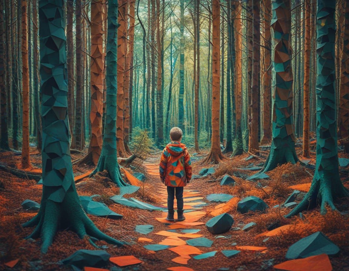 Child Explores Dreamlike Forest in Cubist Style