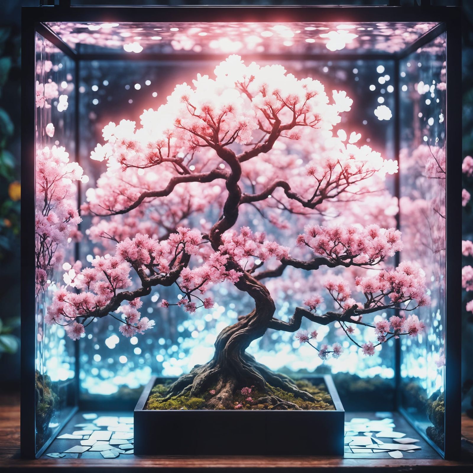 Luminous Sakura Tree Inside Cube Terrarium