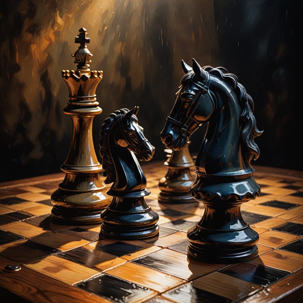 Vibrant Oil Painting of Chessboard Battle in Triadic Colors
