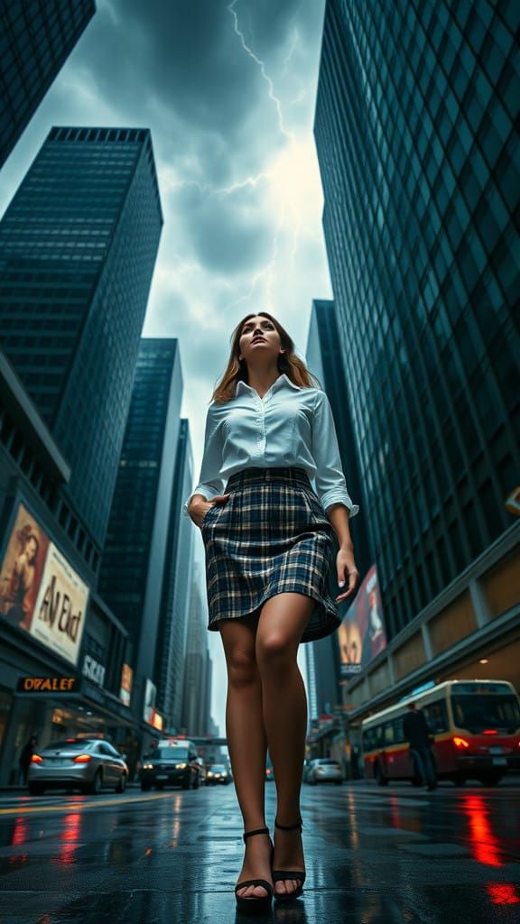 Confident Woman Stands Tall Amidst Gritty Urban Skyscrapers ...
