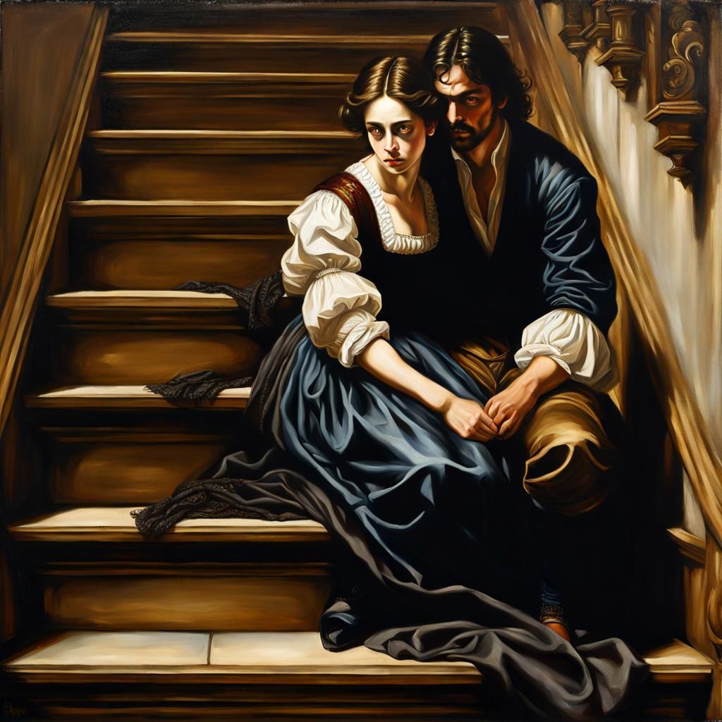 Woman Carries Man Upstairs: Oil Painting in Realism Style