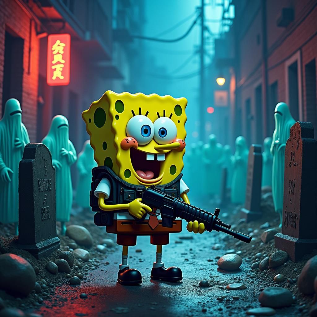 SpongeBob's Gritty Memorial: AK in Neon-Lit Urban Art