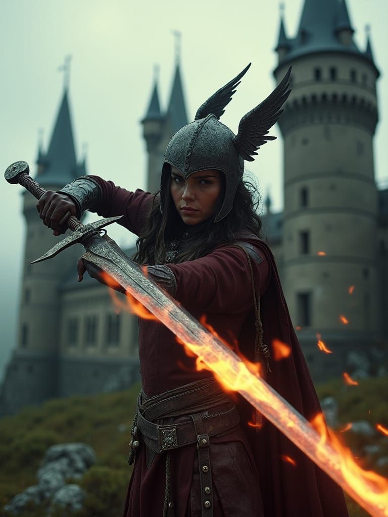 Valkyrie Warrior with Flaming Sword in Cinematic Style