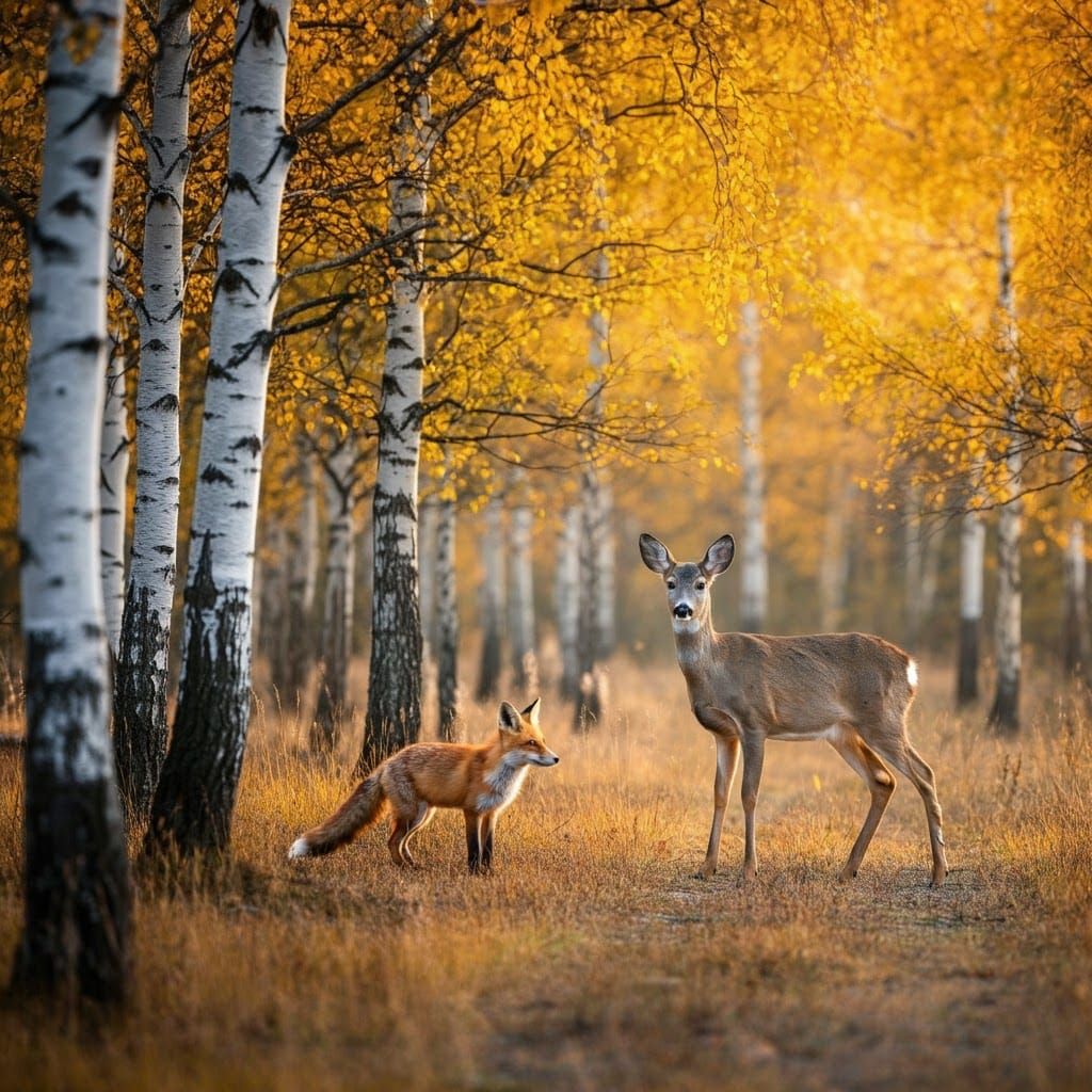 Deer and Fox in Autumn Birch Forest