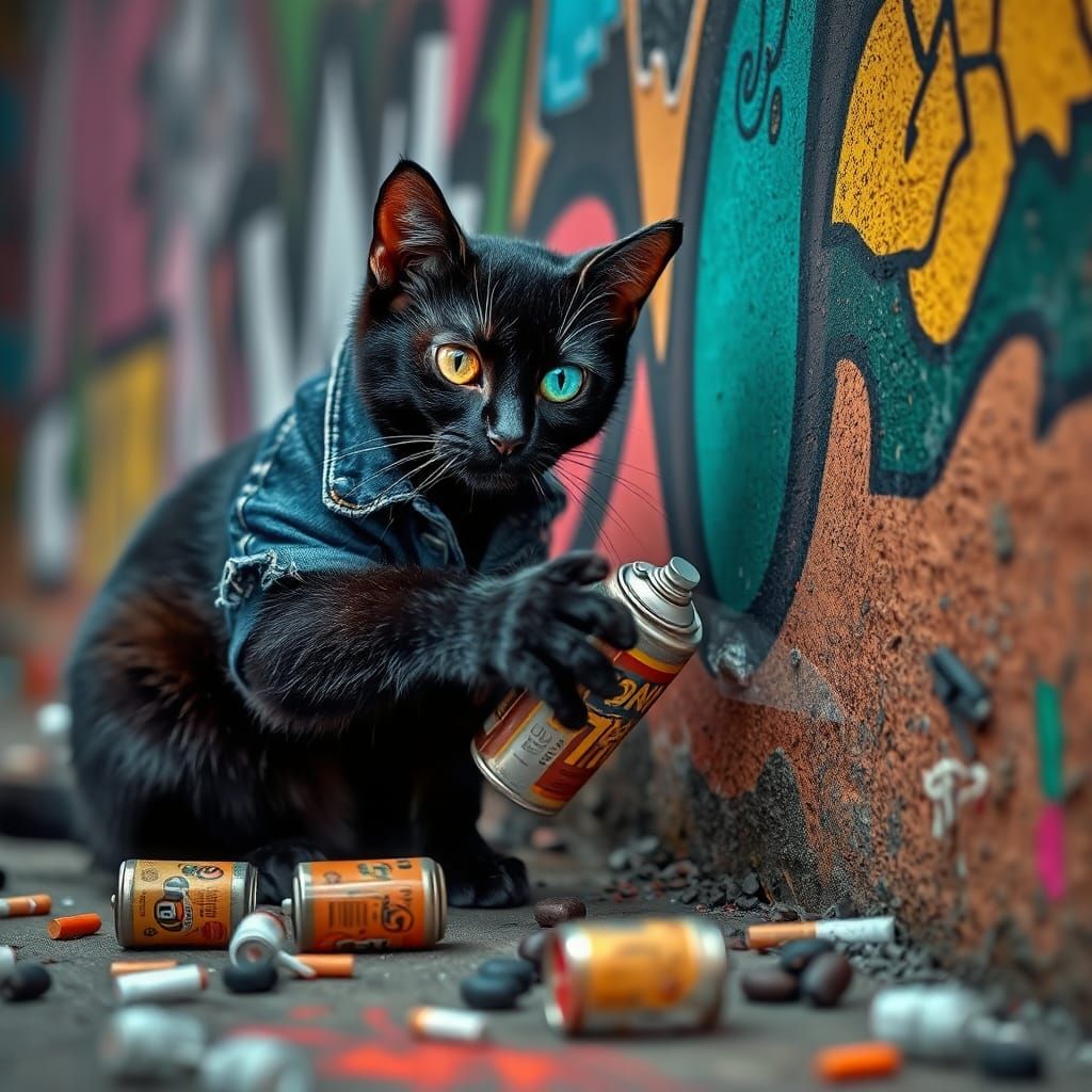 Cat Graffiti Artist in Hyperrealistic HDR Style
