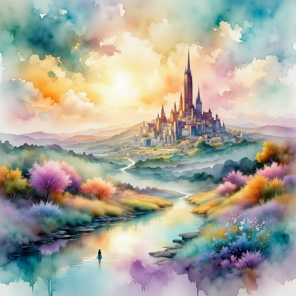 Illuminated Watercolor Cityscape with Crepuscular Rays