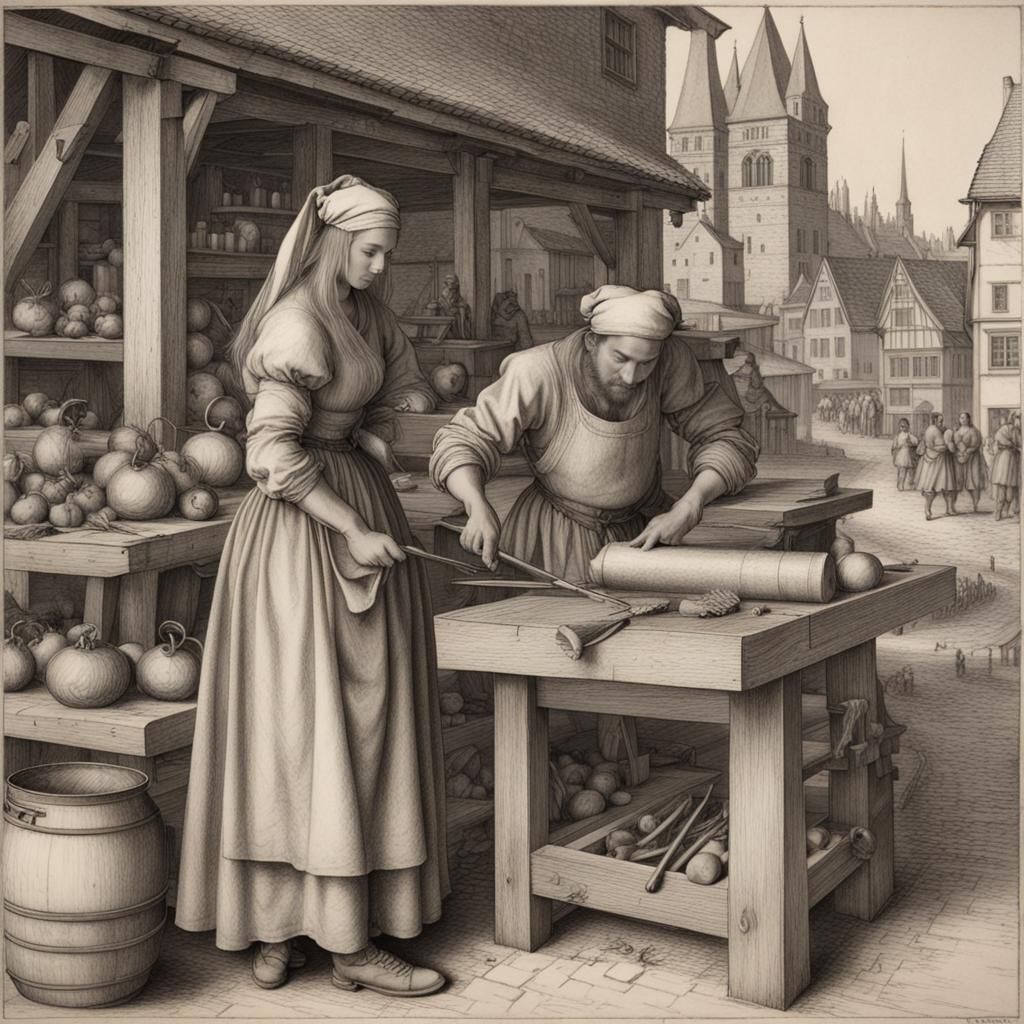 Baker and Blacksmith in Dürer Style Charcoal