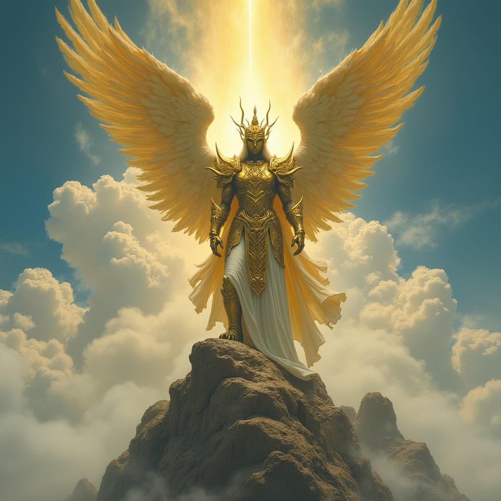 Majestic Deity in Golden Armor on Cloud Mountain