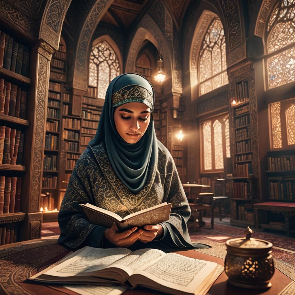 Muslim Woman Reading Quran in Mystical Library