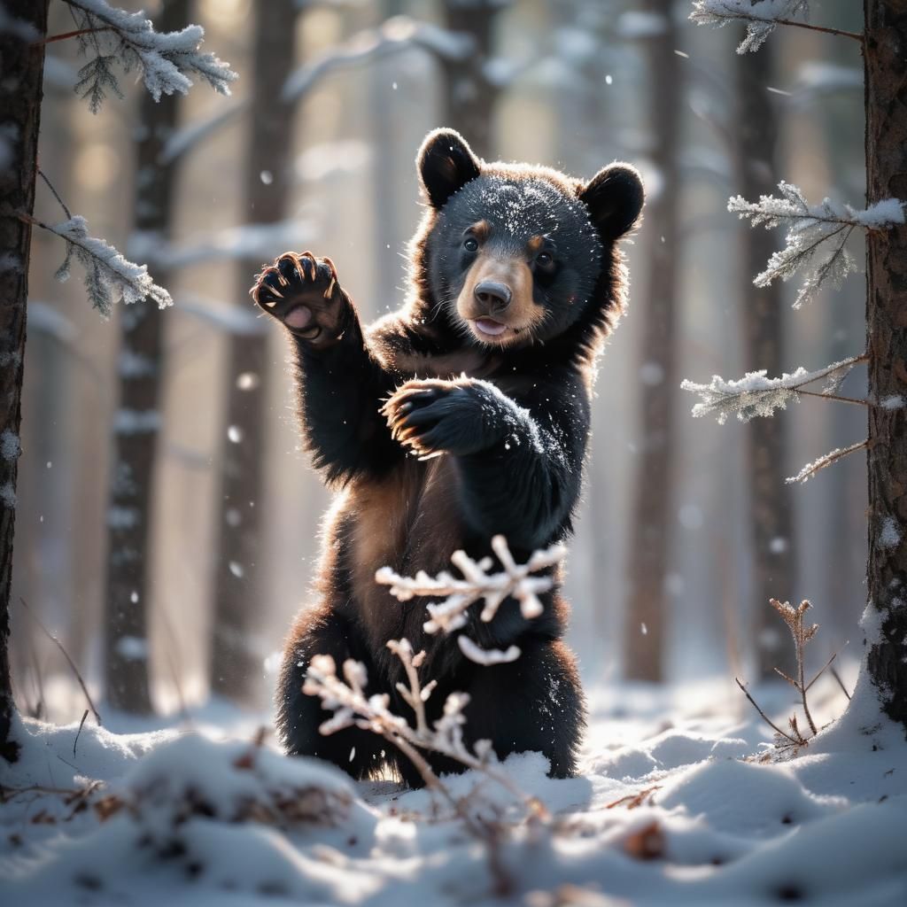 Black Bear Cub Playing in Winter Forest