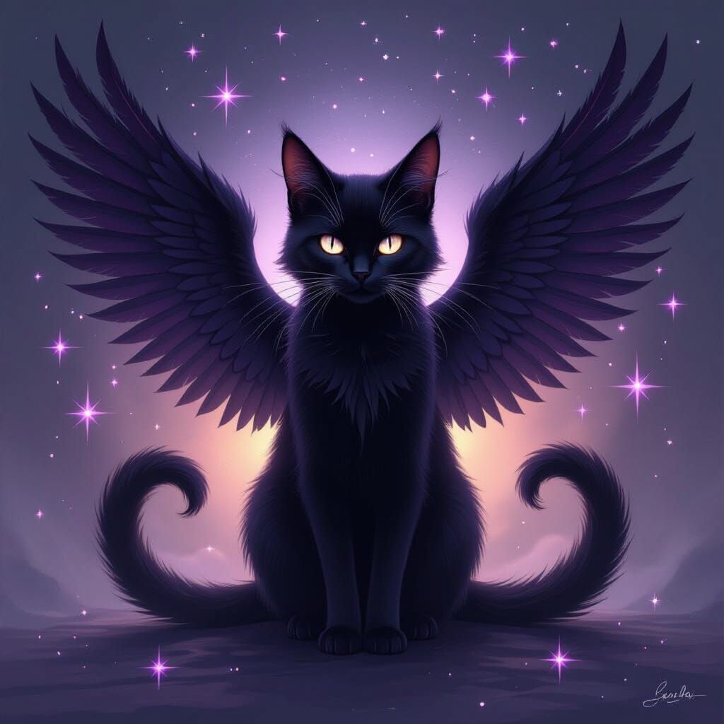 Mysterious Black Cat With Three Tails and Wings