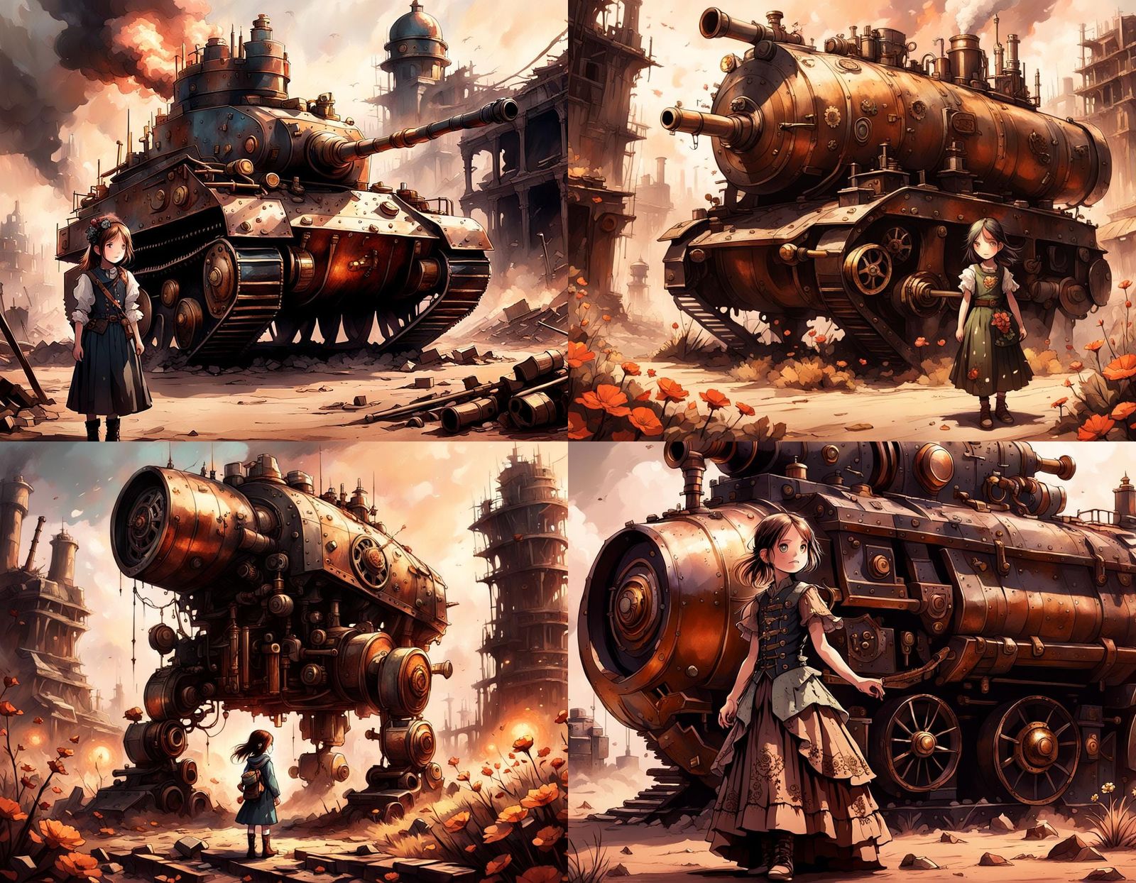 Steampunk Tank and Girl with Flower on Battlefield