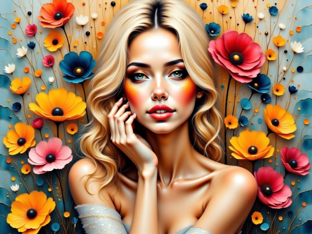 Impasto Oil Portrait of a Platinum Blond Woman with Flowers