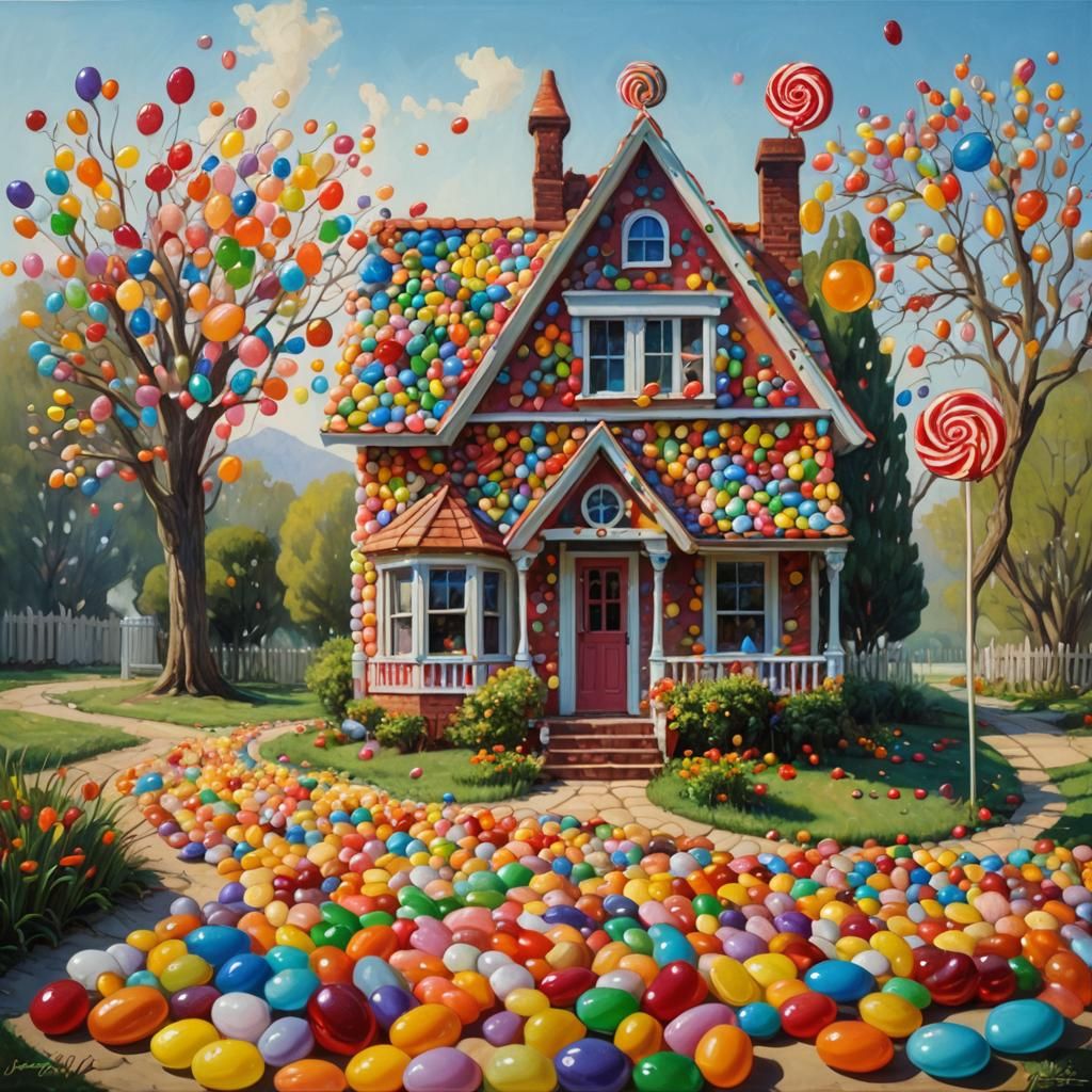 Whimsical Jelly Bean Lollipop House in Oil Painting Style