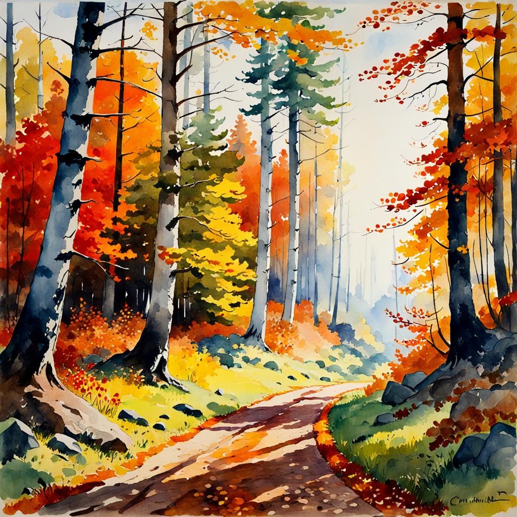 Autumn Forest in Watercolor Painting Style