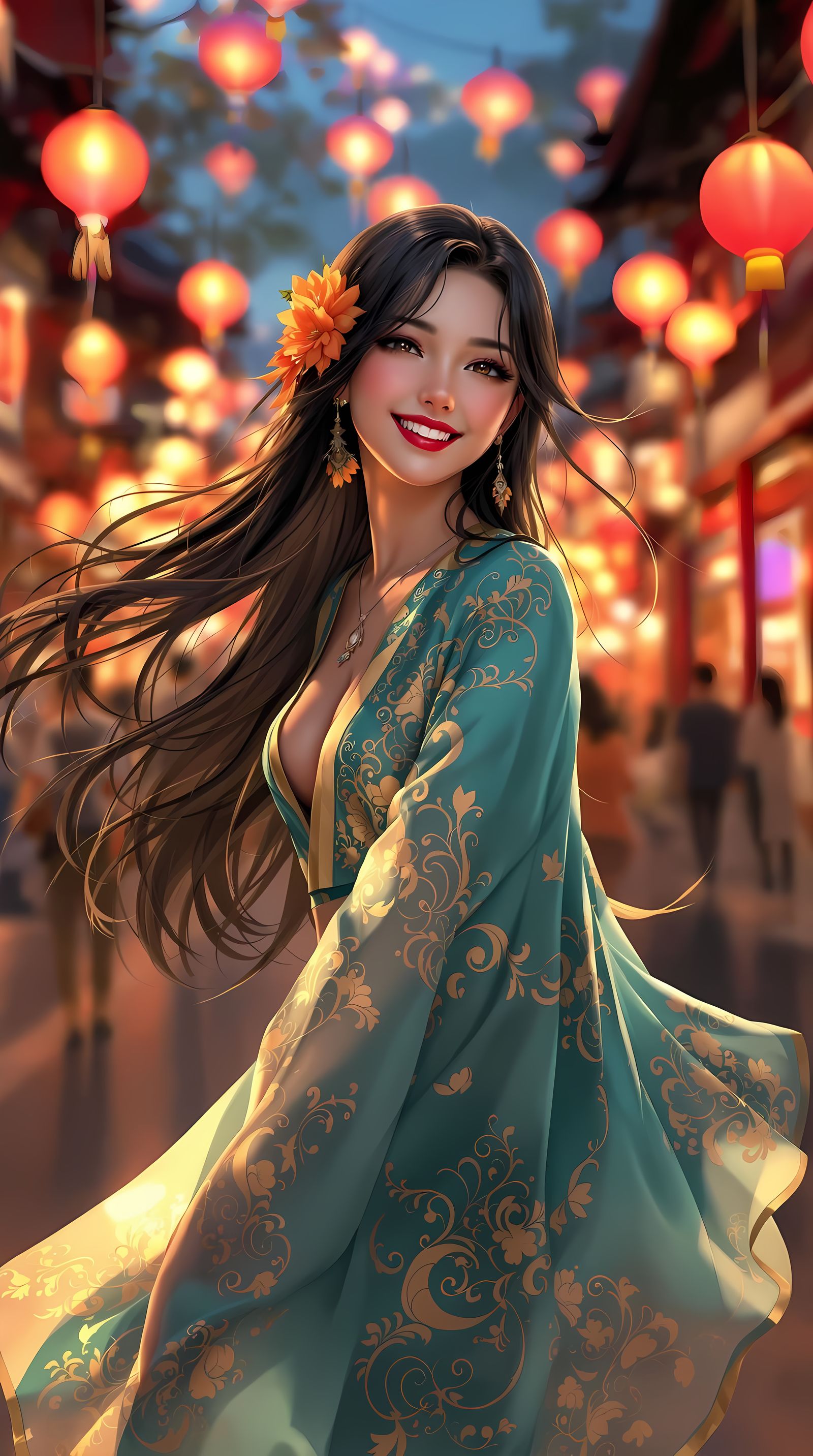 Young Woman Surrounded by Vibrant Lanterns in a Festive Stre...