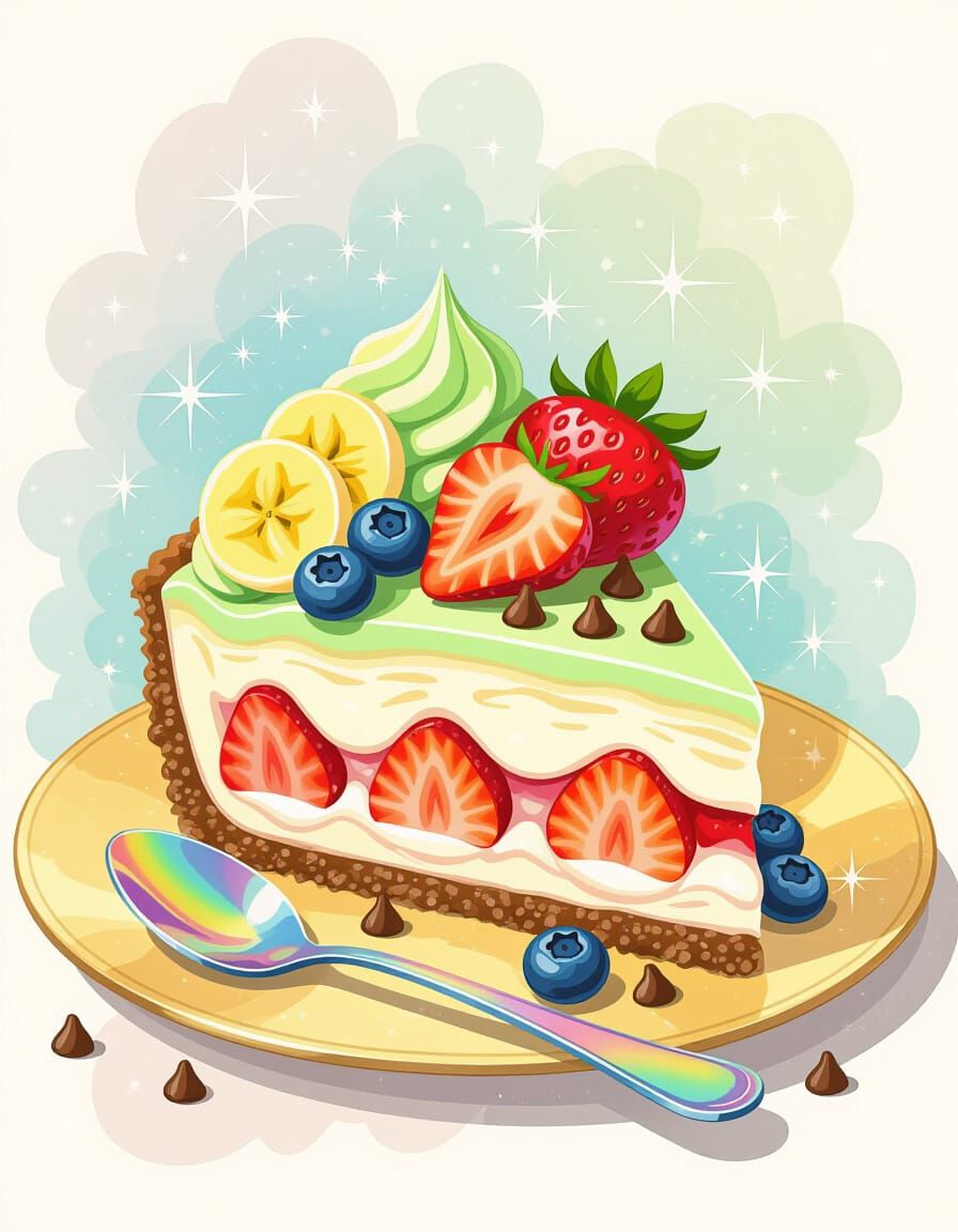 Strawberry Matcha Cheesecake Slice in Dreamy Surrealism Styl...