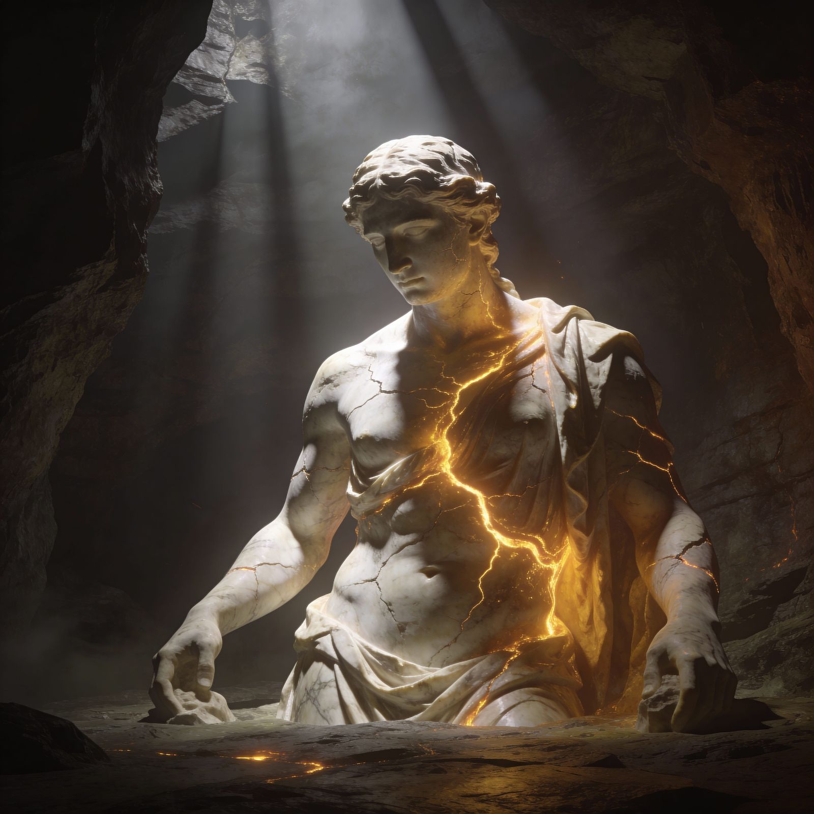 Ancient Marble Statue Awakens with Glowing Gold Cracks