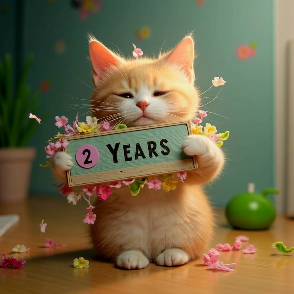 Whimsical Pearl Cat Celebrates 2 Years with a Vibrant Flower...