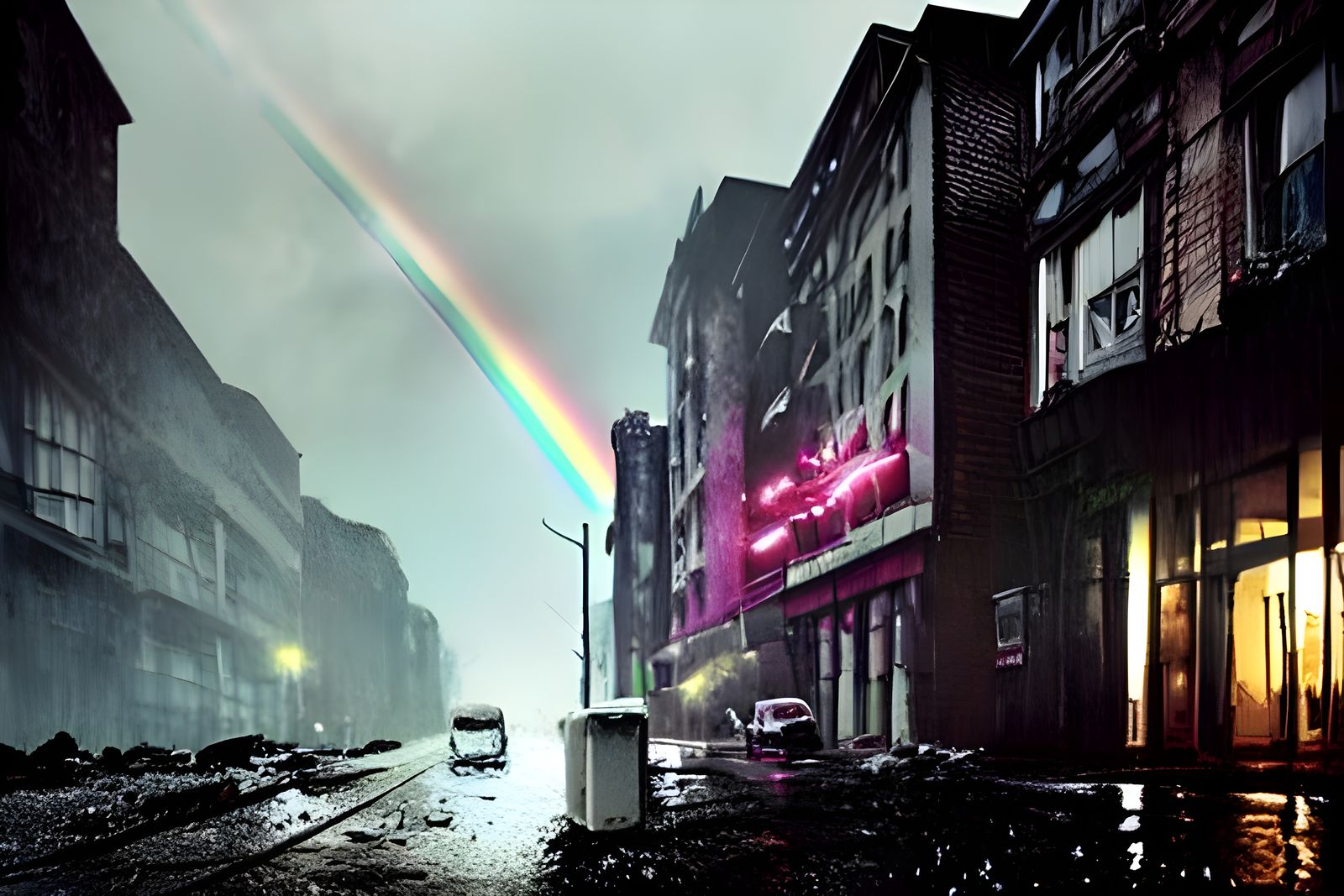 Post-Apocalyptic Cityscape with Rainbow: Desolate Photograph...