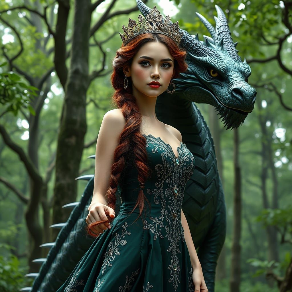 Ethereal Goddess in Emerald Green Regalia with Majestic Drag...