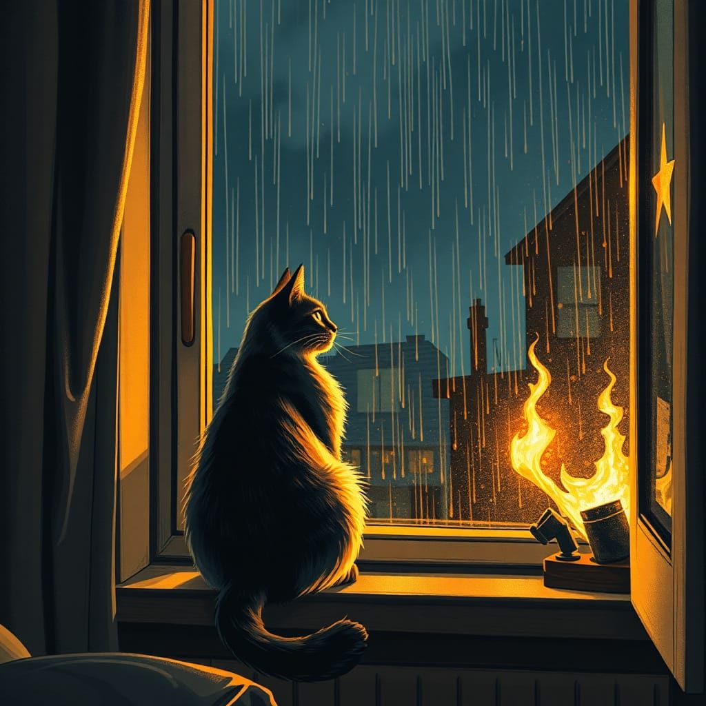 Cat Gazing at Rainy Night in Woodcut Style