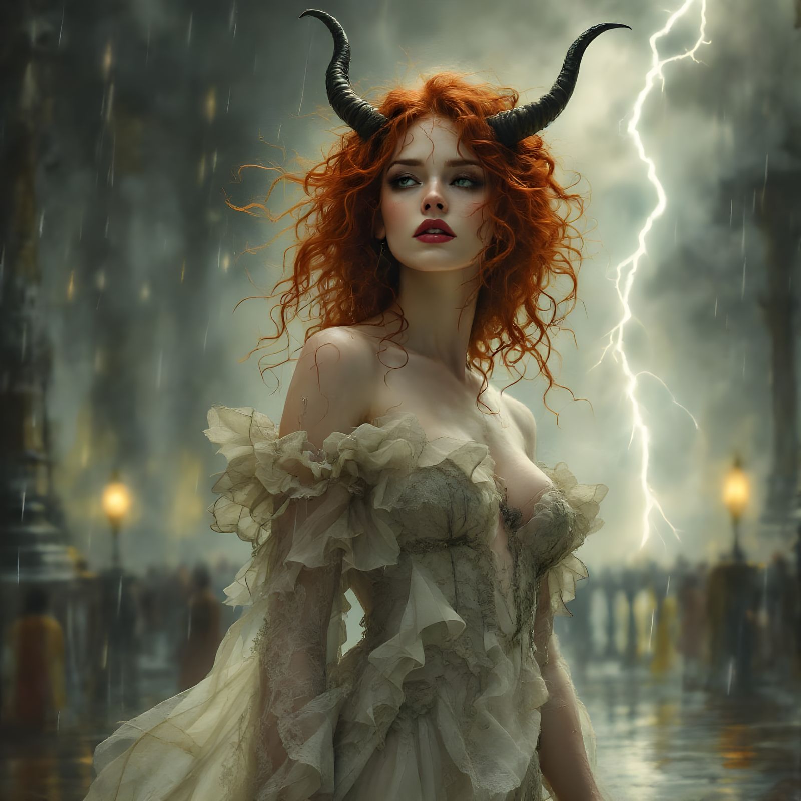 Majestic Rainy Day Goddess in Pre-Raphaelite Gown