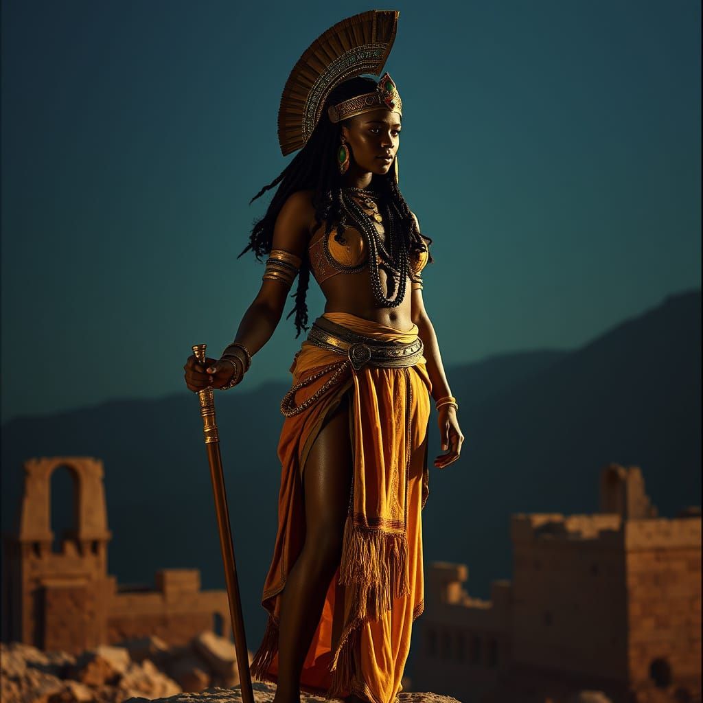 Elegant African Warrior Queen Ascends Ancient Ruins