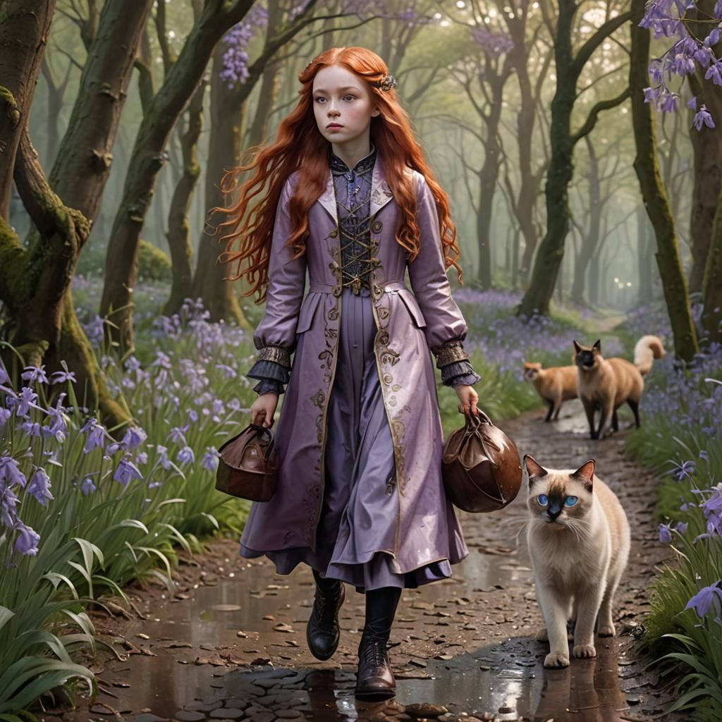 Girl in Bluebell Wood, Art Nouveau Style