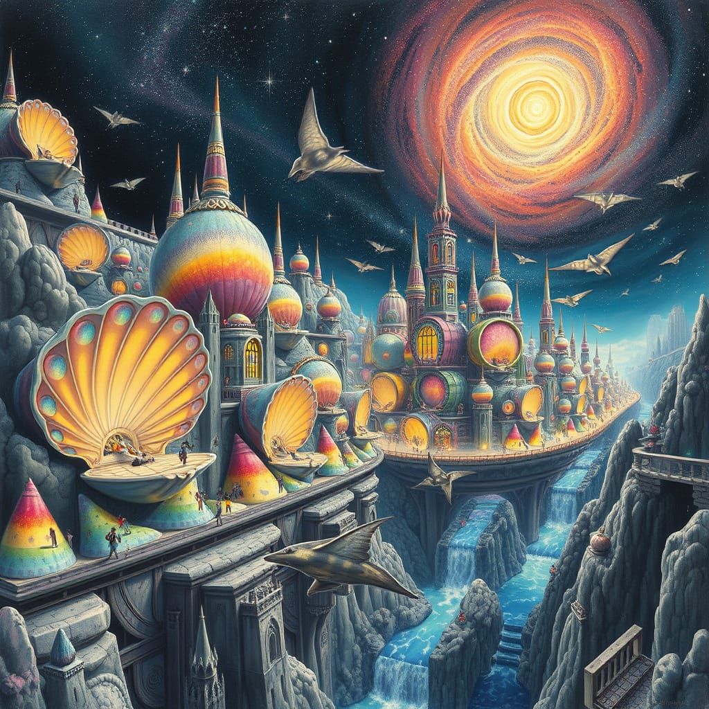 Surreal Seashell Cityscape with Starlight Rivers