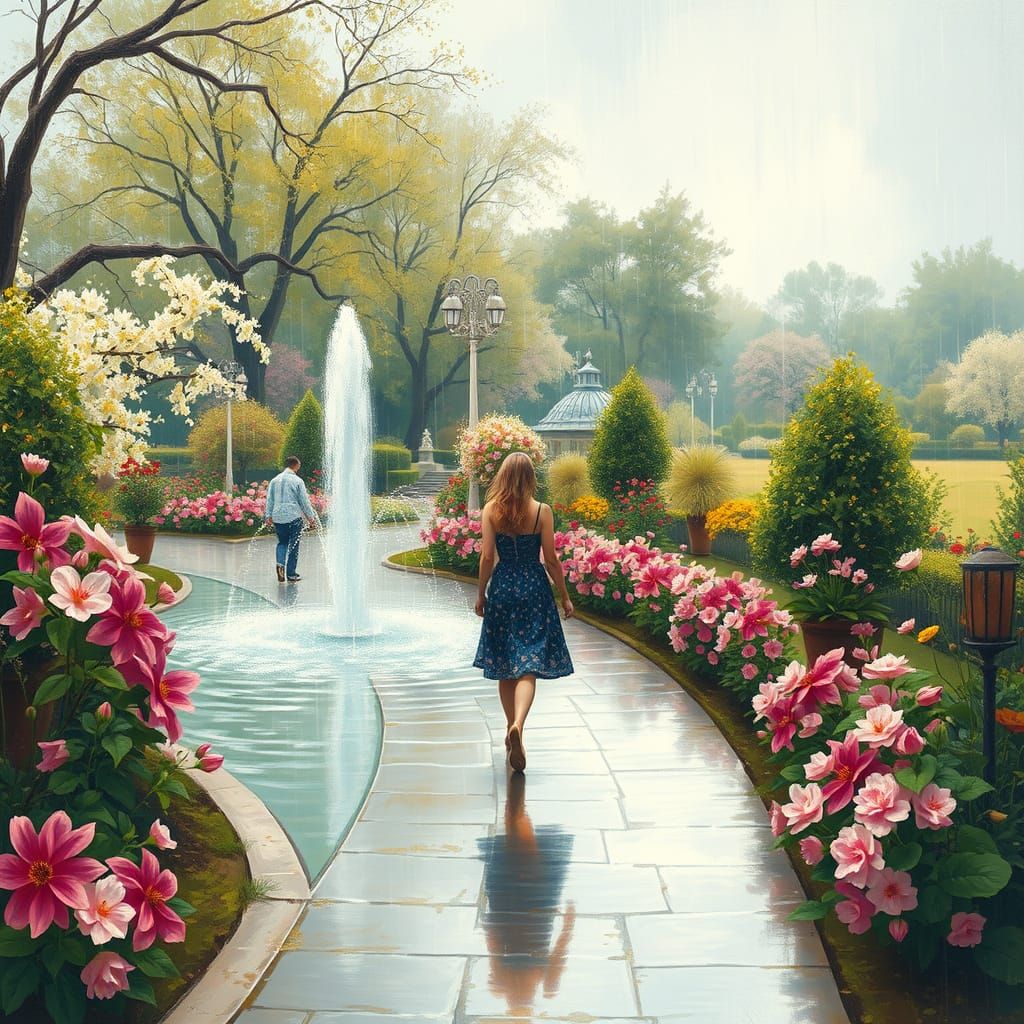 Woman in Park During Rain, Impressionist Style